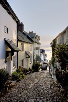 an old cobblestone street with houses on both sides