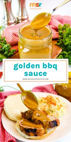 a jar of bbq sauce on top of a plate with bread and vegetables