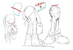 three different views of a cartoon character's head and foot, with the same drawing technique