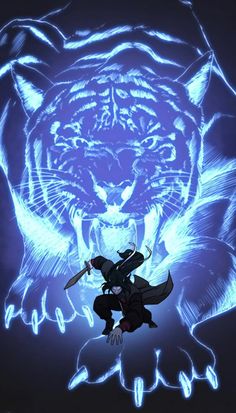 a man standing next to a large tiger on top of a black background with blue lights