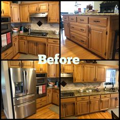 the before and after pictures of a kitchen remodel with oak cabinets, granite counter tops, and stainless steel appliances