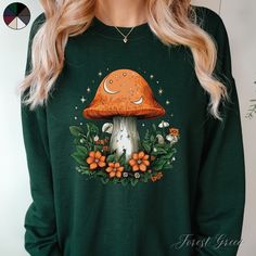 Botanical Mushroom and Stars Unisex Crewneck Sweatshirt | Cottagecore Jumper | Nature Forest Lover Clothes ✔️ Super comfy unisex heavy blend crewneck sweatshirt  ✔️ 50% cotton 50% polyester ✔️ Medium-heavy fabric (8.0 oz/yd² (271.25 g/m ✔️ No side seams ✔️ Ribbed knit elastic collar to help collar retain its shape ✔️ Sewn-in label 📏 Runs true to size ✨ Care instructions: Machine wash: cold (max 30C or 90F). Turn inside out before washing to protect the print. Non-chlorine: bleach as needed. Tum Cottagecore Jumper, Forest Sweater, Boho Mushroom, Autumn Jumpers, Cottagecore Fall, Boho Sweatshirt, Cottagecore Clothes, Lover Clothes, Nature Forest