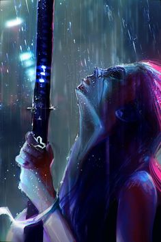 a woman holding an umbrella in the rain with it's light shining on her face