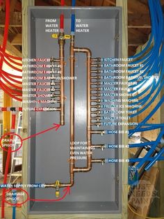 an electrical panel with different types of wires attached to it and labeled in red, blue, and yellow