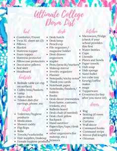 the ultimate college dorm list is shown in pink, blue and green flowers on a white background