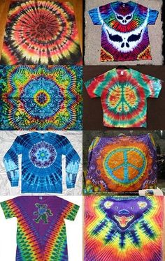 tie dyed t - shirts are arranged in different colors and patterns, including peace signs