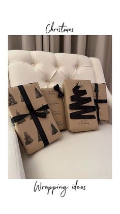 three wrapped presents sitting on top of a white chair next to a window with the words christmas wrapping ideas