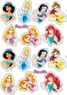 disney princess stickers are shown in various shapes and sizes, with the names on them