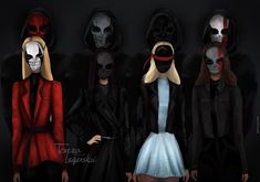 four women in black and red are standing next to each other with skulls on their heads