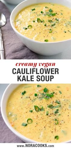 two bowls of creamy vegan cauliflower kale soup