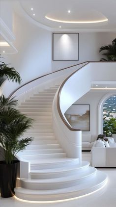 there is a white staircase in the living room