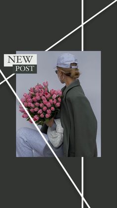 a woman holding a bunch of flowers in her hands and looking at the camera with a new post on it