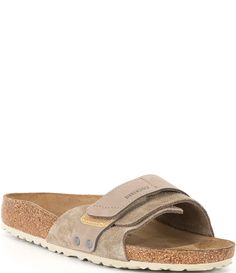 From Birkenstock&#x2C; the Women's Oita Suede Slide Sandals feature:Suede and leather upperSlip on design with hook-and-loop strapLeather liningClassic contoured cork footbed supports the arches of the footDeep heel cup for all day comfortEVA outsoleBirkenstock footwear is made in European whole sizes. The style selected is a Birkenstock narrow footbed that will fit most medium feet.Imported. Casual Footbed Sandals With Suede Lining And Round Toe, Casual Open Toe Footbed Sandals With Suede Lining, Beige Suede Footbed Sandals With Cushioned Footbed, Beige Suede Sandals With Removable Insole, Beige Suede Footbed Sandals With Round Toe, Comfortable Beige Suede Sandals, Beige Suede Cushioned Footbed Sandals, Suede Footbed Sandals With Leather Sole And Round Toe, Beige Sandals With Suede Lining And Round Toe