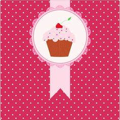 a cupcake with a cherry on top is in the middle of a pink polka dot background