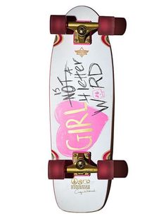 a white skateboard with red wheels and writing on the bottom half of it, against a white background