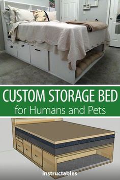 a bed with drawers underneath it and the words custom storage bed for humans and pets