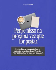 an advertisement for a laptop computer on a blue background with the words pense nisso na proxima vez que for postar