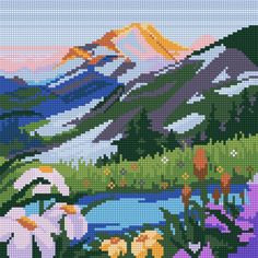 a cross stitch landscape with mountains and flowers in the foreground, along with a river running through it