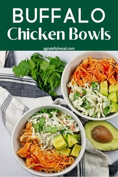 two bowls filled with shredded carrots and avocado next to an avocado