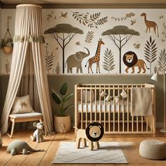 Une chambre de bébé moderne sur le thème Safari Aventure, utilisant des tons naturels tels que le beige, le brun clair et le vert doux. Le berceau est habillé d'une parure de lit avec des motifs d'animaux de la savane. Le mur est décoré d'illustrations simples et ludiques de jungle avec des arbres, des lions, des éléphants et des girafes. Un coin lecture confortable avec un coussin en forme d'animal et un tapis à thème safari ajoute une touche chaleureuse. Les décorations restent minimalistes et de bon goût, comprenant des figurines en bois d'animaux et des accents feuillus. Un auvent doux et neutre suspendu dans un coin évoque l'esprit d'aventure. House Hacks, Kid Bedroom, Boy Nursery, Baby Nursery, Kids Bedroom, Baby Room, Nursery, Baby Shower