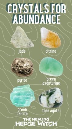 Manifest abundance with this crystal healing chart! Use jade, citrine, pyrite, green aventurine, tree agate, and green calcite during manifestation, rituals, and magic to bring abundance into your life. Crystals For Abundance, Crystals Healing Grids, Gemstones Chart, Chakra Health, The Crystals