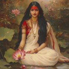 a painting of a woman sitting in the water holding a lotus flower with her right hand