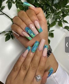 Green Marble Nails, Aqua Nails, Art Hacks, Glamour Nails, Nail Care Tips, Short Square Acrylic Nails