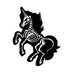 a black and white image of a skeleton horse on it's back legs with its tail