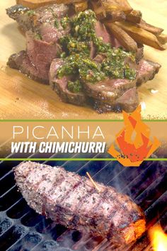 steak on the grill with chimicchuri and french fries