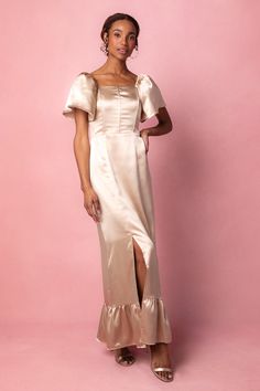 Maddie Dress in Champagne Satin – Ivy City Co Modest Bridesmaid Dress, Satin Ruffle Dress, Ivy City Co, Corset Boning, Dress Champagne, City Woman, Modest Bridesmaid Dresses, Champagne Color, Satin Dress