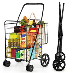 a shopping cart with groceries in it next to an empty shopping basket on the wheels