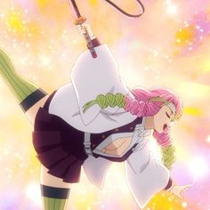 an anime character with pink hair and green eyes is flying through the air in front of stars