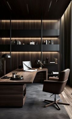 a modern office with black walls and wooden shelves, an executive chair and desk in the foreground