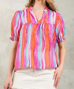 This bright and cheerful top features a wave stripe pattern, v-neckline and short sleeves. The perfect pop of color for summer, this top can be styled for work or play. 75% Tencel, 20% nylon, 5% linen Model is wearing a size small and is 5'9" FINAL SALE - CANNOT BE RETURNED OR EXCHANGED Round Top Collection, Patriotic Dresses, Athleisure Leggings, Patriotic Fashion, Maxi Dress Navy, Stripe Top, Sleeveless Maxi Dress, Lingerie Sleepwear, Striped Shorts