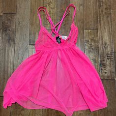 Nwt Top Only Pink Neon Babydoll/Lingerie Top Approximate Neasurements Laid Flat: Waist: 11.5in. (Stretches Out To Approximately 13 In.( Full Length; 25.5in Pink Camisole For Nightwear, Pink Camisole With Built-in Bra For Bedtime, Flirty Victoria's Secret Sleepwear, Summer Sleepwear With Underwire For Bedtime, Victoria's Secret Lace Sleepwear With Built-in Bra, Summer Sheer Underwire Sleepwear, Victoria's Secret Sleep Camisole, Sheer Victoria's Secret Nightgown For Bedtime, Victoria's Secret Bedtime Camisole