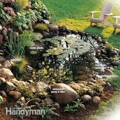 an image of a garden with rocks and plants around the water feature in it's center