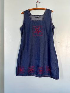 "Vintage denim blue jean jumper tank dress Denim summer dress Cute summer embroidery Resortwear swimsuit cover up Beach or poolside dress cover up 100% cotton lightweight denim Square Neck Magic Brand Size Large Measurements approximately when laid flat Chest 20\" (40) Shoulders 15\" Length 33 1/2\"  Vintage Pre Owned Condition Smoke free studio" Sleeveless Cotton Sundress For Beach Season, Sleeveless Medium Wash Denim Beach Dress, Casual Embroidered Dresses For Beach Season, Fitted Cotton Denim Dress For Summer, Casual Embroidered Sleeveless Sundress, Sleeveless Spring Vacation Denim Dress, Sleeveless Spring Denim Dress For Vacation, Sleeveless Denim Sundress For The Beach, Sleeveless Denim Dress For Spring Vacation