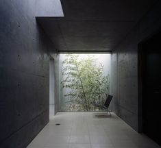 an empty room with a chair and plants in the corner on either side of the door