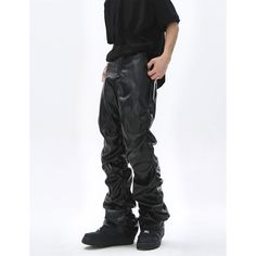 Niche Punk Pu Leather Pants  Material: PU  Size: S, M, L, XL Color: Black  Season: Spring, Fall,   Occasion: Leisure, Outdoor, Daily, Vacation,Fall Outfits Punk Style Leather Pants For Streetwear, Punk Style Baggy Pants For Concerts, Baggy Punk Bottoms For Concert, Faux Leather Straight Leg Bottoms For Streetwear, Casual Black Pants For Cosplay, Faux Leather Pants For Streetwear, Edgy Baggy Bottoms For Concert, Fall Streetwear Faux Leather Pants, Faux Leather Pants For Fall Streetwear