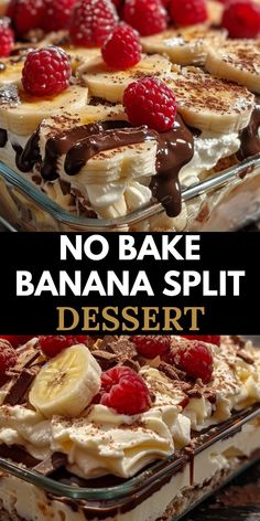 no bake banana split dessert with chocolate and raspberries in the bottom photo