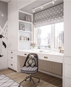 a child's room decorated in white and grey