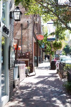 the sidewalk is lined with shops and trees