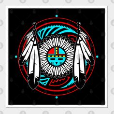 an image of native american art with feathers on it's head and two arrows in the center