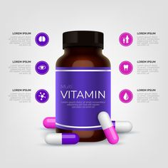 Vitamins Advertising Design, Vitamin Advertising, Vitamin Design, Bio Pool, Vitamin Brands, Vitamin A Foods, Supplements Packaging, Science Icons, Food Infographic