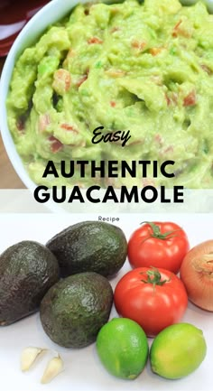 avocado guacamole recipe with tomatoes, garlic and lime in the background