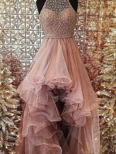 Neckline: HalterSilhouette: Ball GownBuilt-in Bra: YesSleeve: SleevelessWaist: NaturalBack Style: OtherHemline/Train: Sweep/Brush Train Tulle Dresses, Tulle Dress, Ball Gown, Pink Dress, Ball Gowns, Beading, Train, Bra, Dresses