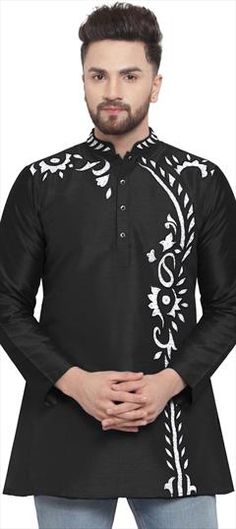 Black and Grey color Kurta in Dupion Silk fabric with Embroidered, Patch, Thread work Black Kurta With Printed Motifs For Festivals, Traditional Black Fabric For Festive Occasions, Designer Black Embroidered Kurta, Formal Embroidered Black Kurta, Traditional Black Festive Fabric, Black Printed Cotton Kurta, Black Festive Fabric, Black Embroidered Fitted Kurta, Black Embroidered Straight Kurta