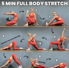 a woman in red yoga pants doing the 5 minute full body stretch with her arms and legs