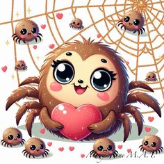 a cartoon spider holding a heart in front of many smaller ones with hearts around them