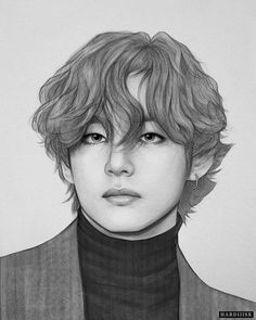 a black and white drawing of a person with short hair, wearing a turtle neck sweater